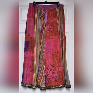 Soft Surroundings Multicolor Patchwork Print Maxi Skirt Boho Gypsy Bell Charms